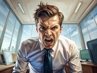 Angry businessman sitting at his desk and screaming.