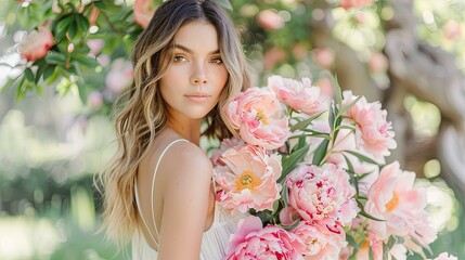 Fototapeta premium A young and beautiful woman posing smiling with beautiful and large flowers in her hands, wearing a sensual and elegant dress, in a field at sunset.