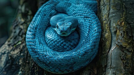 Fototapeta premium A blue snake is wrapped around a tree