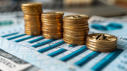 Golden coins stacked high over financial chart upward trend. Investment economic growth