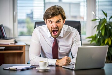 Fototapeta premium Angry businessman sitting at his desk and screaming.