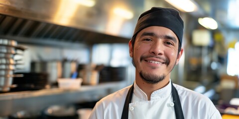 Content and approachable, this male chef in the kitchen sports a professional, clean uniform and exudes expertise