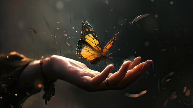 A butterfly flying over a female hand, backlit.