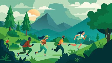 Obraz premium A group of intrepid adventurers braving the rugged terrain of a lush green national park racing against time and each other.. Vector illustration