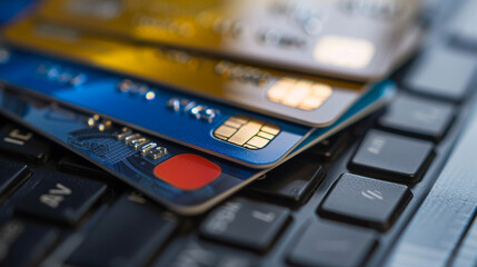 Obraz premium Close-up credit cards stacked laptop keyboard, financial security, online shopping, digital payment