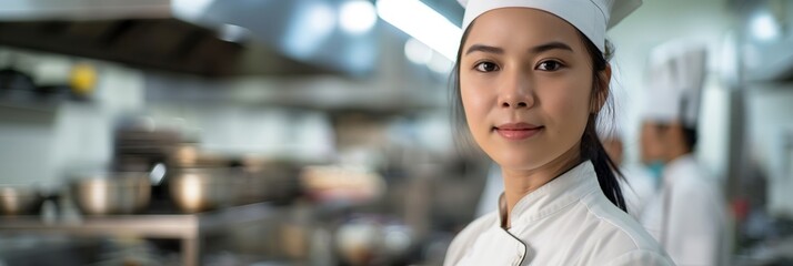 A female chef in whites proudly stands in the foreground of a bustling commercial kitchen