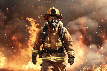 Naklejka premium A Brave Firefighter Battling Intense orange Flames.