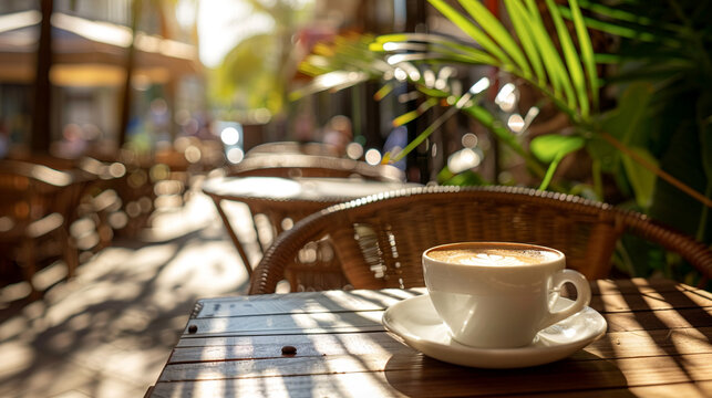 Morning coffee white cup latte sunny outdoor cafe, blurred background relaxed setting