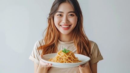 Filipina woman is holding a plate with pasta spaghetti, against white background.