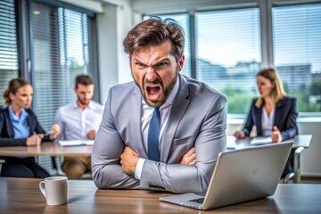 Angry businessman sitting at his desk and screaming.