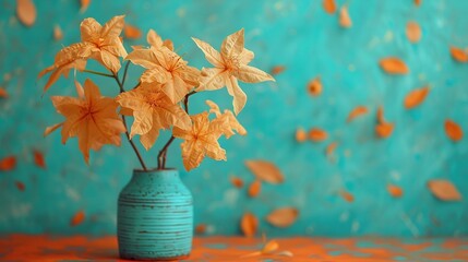   A vase filled with yellow flowers sits on a blue and orange table covered in gold confetti