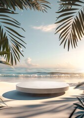Obraz premium circular podium with beach in the morning sunrise and palm tree background for product presentation advertising