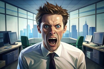 Angry businessman sitting at his desk and screaming.