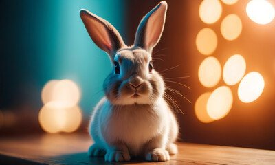 Lovely white bunny easter rabbit stand on color studio background. Cute fluffy rabbit. Lovely small pet with beautiful bright eyes. Concept of Pascha, Resurrection Sunday, Christian cultural holiday