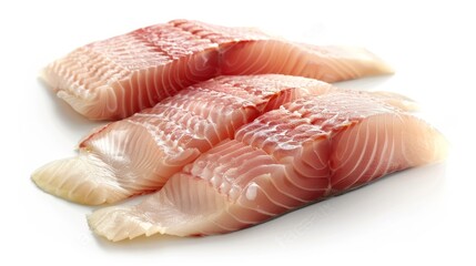 Fresh tilapia fillets on a white background.
