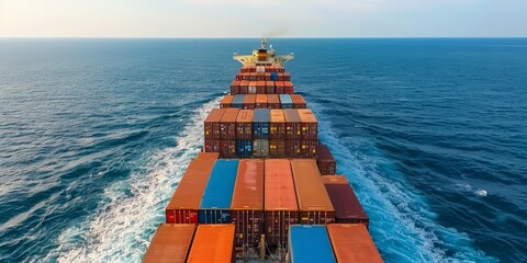 Fototapeta premium Maritime Power: Majestic Front View of a Massive Cargo Ship Sailing the Open Ocean, Logistics, Transportation, Global Shipping
