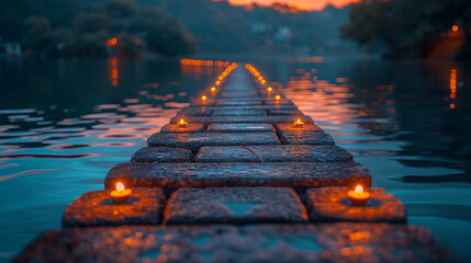 Serene twilight scene candles lined along wooden pier over tranquil lake. Calm evening water