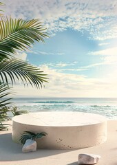 Obraz premium circular podium with beach in the morning sunrise and palm tree background for product presentation advertising