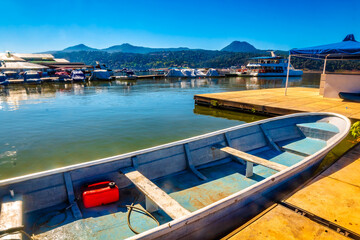 Boat or motorboat at dock on Lake Valle de Bravo, State of Mexico