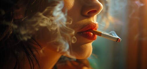 A woman smoking a cigarette, with smoke swirling around.