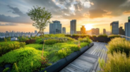 This blurred image captures the essence of a sunset over a city skyline, viewed from a lush rooftop...
