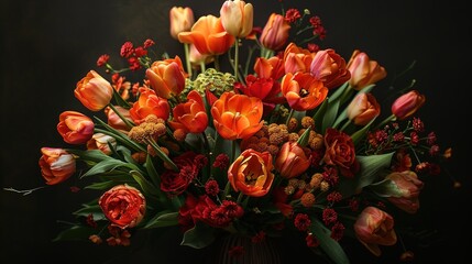 a captivating bouquet of fiery orange tulips, complemented by deep red roses and marigolds, creating a warm and passionate composition that demands attention.