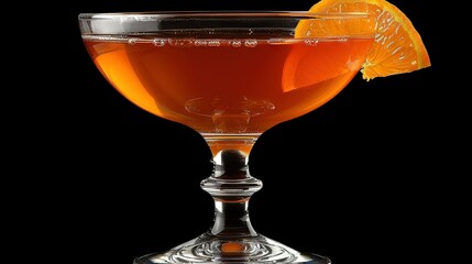   A close-up photo of a beverage in a goblet, garnished with a sliver of an orange - obrazy, fototapety, plakaty