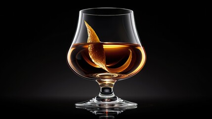   A black background showcases an orange peel submerged in a liquid within a transparent glass
