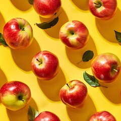 seamless pattern of flat lay fresh red apples on yellow background