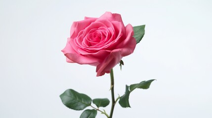  A delicate rose in full bloom, its petals gracefully unfurling against a pristine white backdrop
