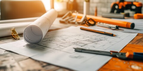 An architect's workspace brimming with building plans, drawing tools, and a hint of upcoming construction projects