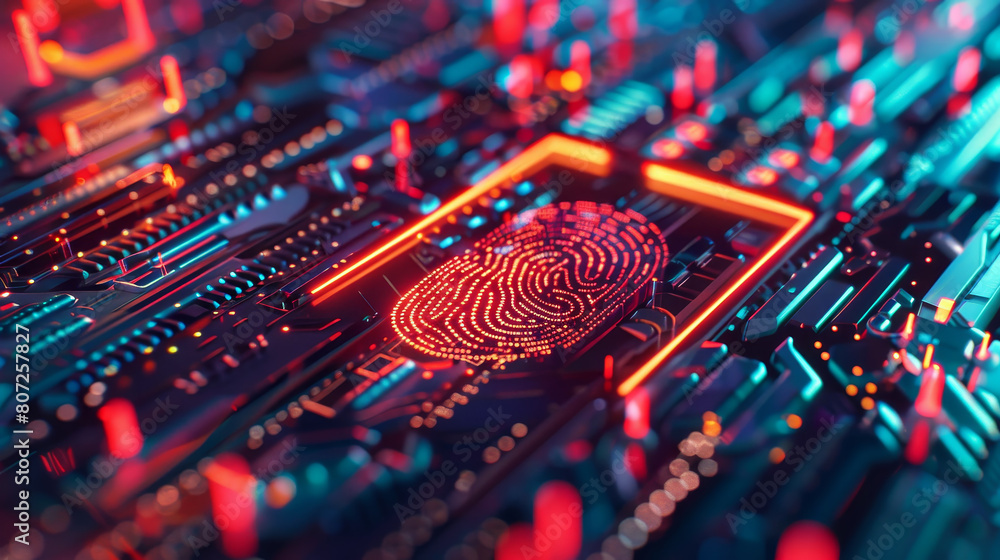 Poster a computer chip with a red and orange fingerprint on it
