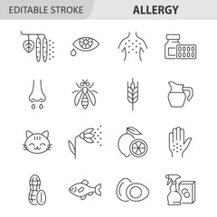 Allergy line icon set. Allergy symptoms and allergens vector collection with rash, plant pollen, pet, dairy, seafood, insect, egg, gluten, medicine. Editable stroke.