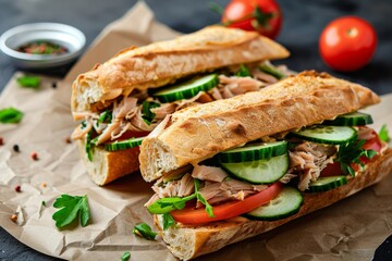 two tasty tuna sandwiches with tomato and cucumber in paper