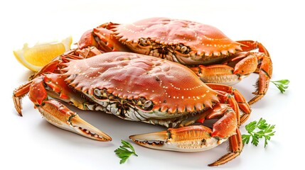 Two cooked crabs on a white background.