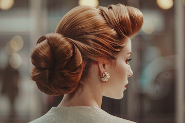 A woman with a bun hairstyle and a pair of earrings
