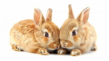 Obraz premium Two cute rabbits are sitting next to each other. They are both brown and have long ears. The rabbits are looking at each other.