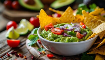 Traditional Mexican appetizer or snack a white bowl contains fresh guacamole made with avocado onion and tomato served with corn nachos tomatoes and green chili - Powered by Adobe
