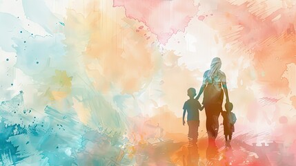 Tender Motherhood: Illustration of Mother and Children in Light Colors