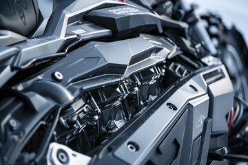 A close up of a motorcycle engine with the word 