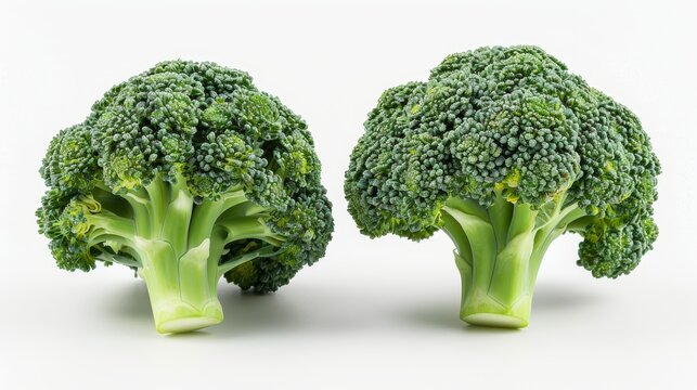  Two heads of fresh green broccoli on a white background.