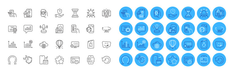 Diagram graph, Squad and Protection shield line icons pack. Project deadline, Air balloon, Star web icon. Microphone, 360 degrees, Analytical chat pictogram. Creative design, Food app. Vector