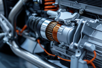 Fototapeta premium A close up of a motorcycle engine with a lot of wires and a lot of parts