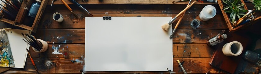 The image shows a messy wooden table with a blank sheet of paper in the center - Powered by Adobe