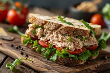 Tuna sandwich with veggies and mayo on wood board Shallow focus
