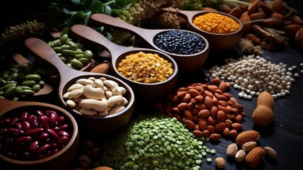 Legumes and beans assortment in different bowls on light stone background . Top view copy space. Healthy vegan protein food, colorful legumes in bowls, lentils, kidney beans, chickpeas, mung, peas