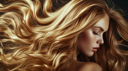 Fototapeta premium Beautiful windy Hair. Luxurious long blonde hair as background. Model girl. Saturated healthy shiny hair after dyeing. Concept of recovery structure. Beauty and glamour Hair cosmetics, haircare