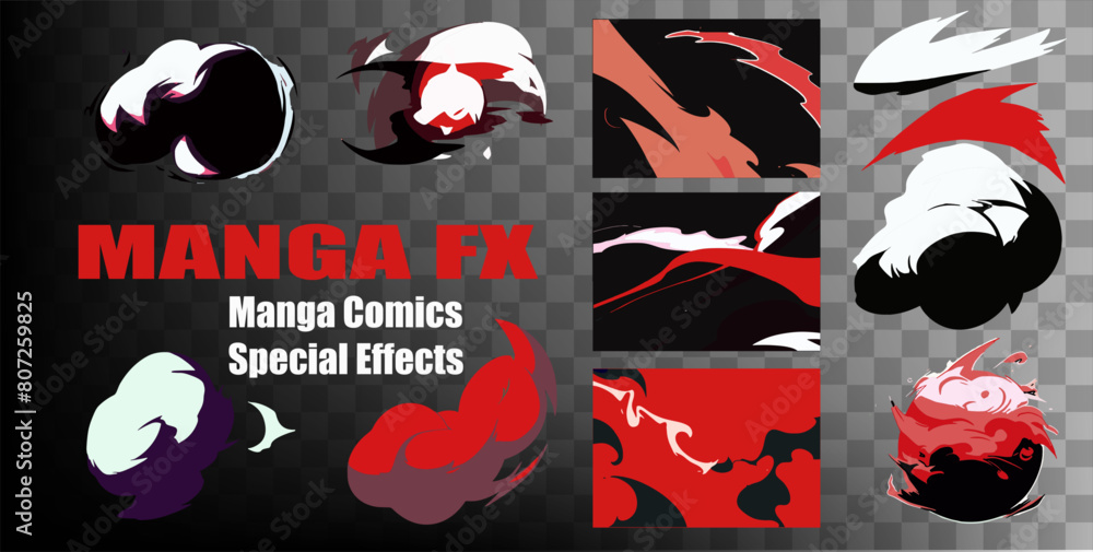Poster Abstract visual effects of explosions and wind on transparent background. Vector illustration in anime and manga style.