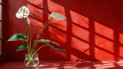   White flower in glass vase on red table by window with red wall
