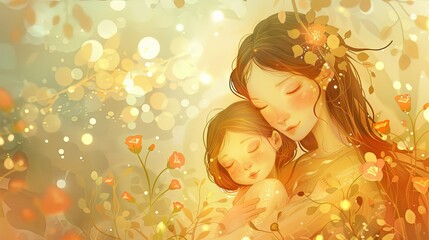 Tender Motherhood: Illustration of Mother and Children in Light Colors